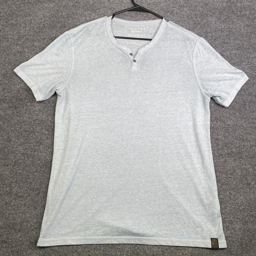 Lucky Brand Venice Burnout Henley Shirt Mens Medium Light Blue Short Sleeve